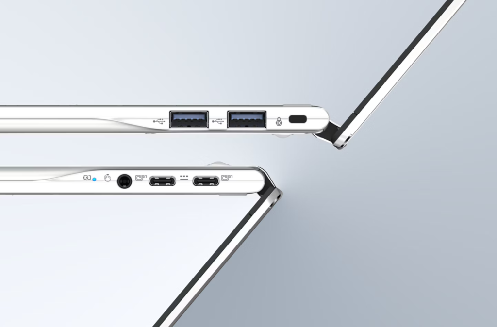 Chromebook Plus offers a Quick Insert Key, optional backlit keyboard1, optional fingerprint sensor1, Wi-Fi 71, dual USB 3.2 Gen 2 Type-C, and dual USB 3.2 Gen 1 Type-A ports.