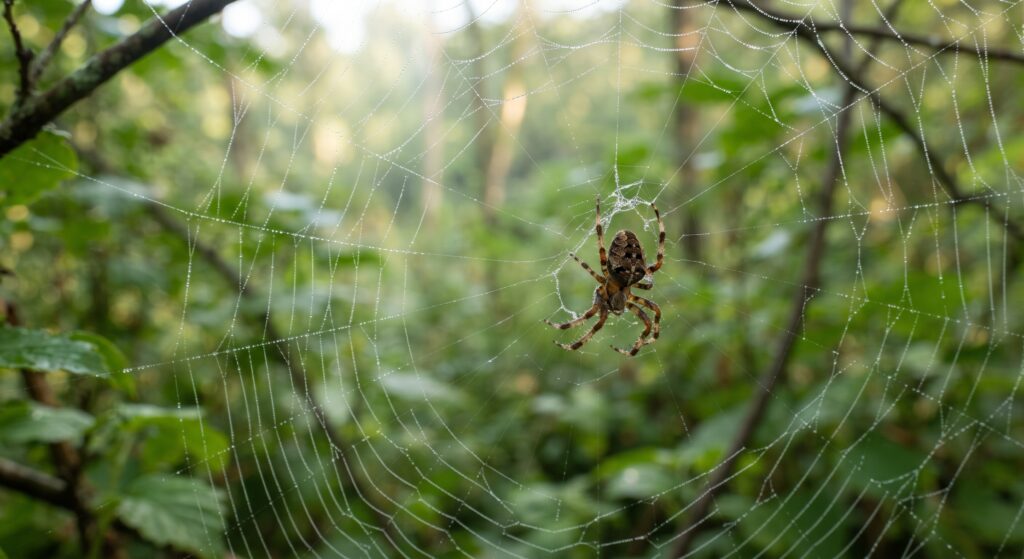 A spider meticulously constructing its web, showcasing the intricate process of silk production. | Spider Silk Secrets: How Nature Crafts the World's Strongest Fiber