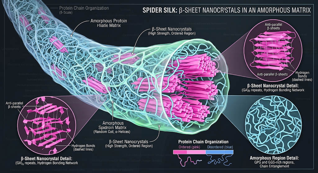 A microscopic view illustrating the protein structures within a strand of spider silk.